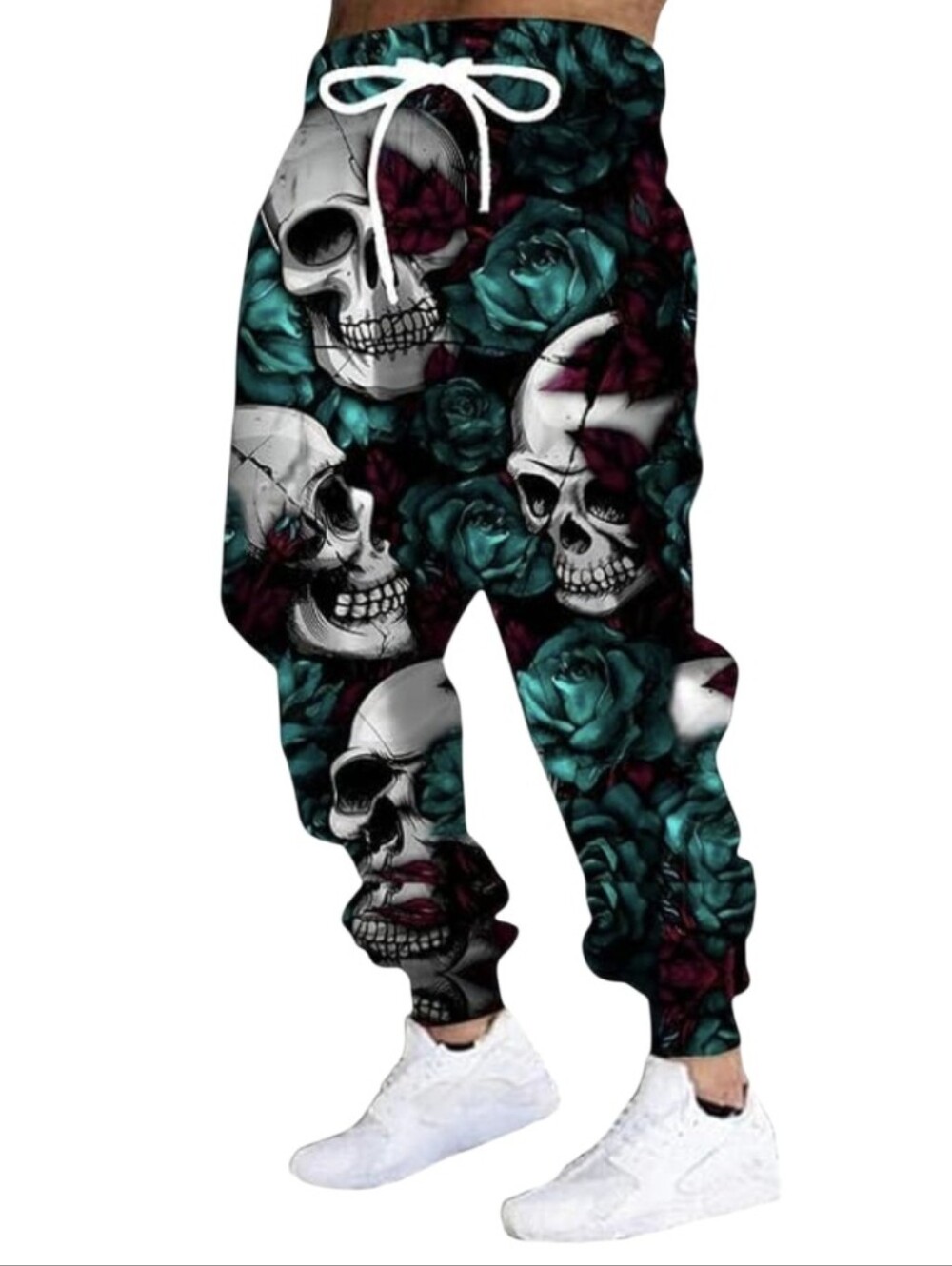 Men's Black Skull & Teal Rose Jogger Pants